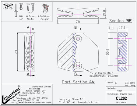 Clamcleat® CL202-SB Horizontal Klemme 6-10 mm - Nylon Tauklemme
