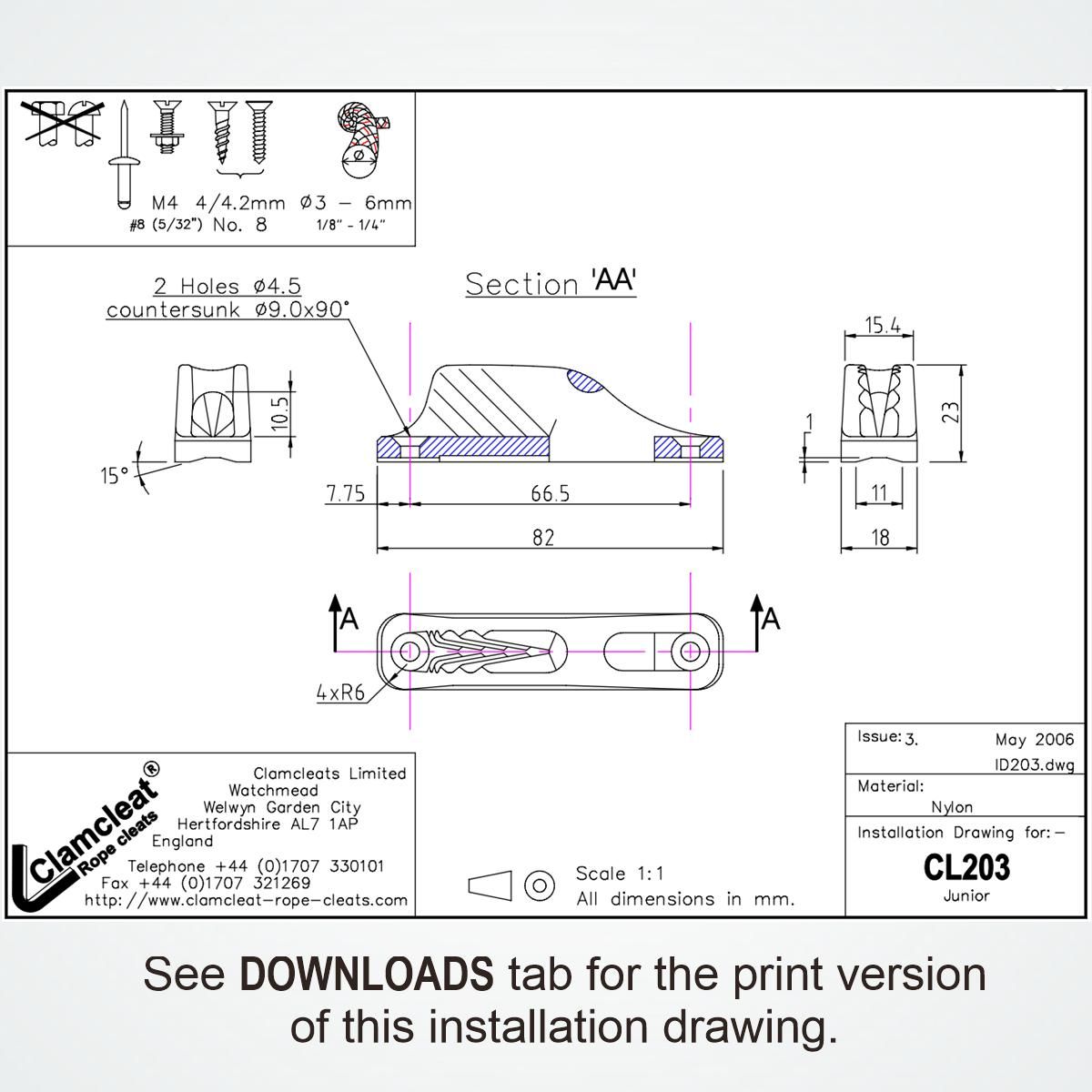 Clamcleat Junior CL203 3-6 mm – Nylon Seilklemme mit Leitöse