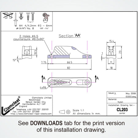 Clamcleat® CL203-S2 Unterrolle 3-6 mm - Nylon Tauklemme Weiß