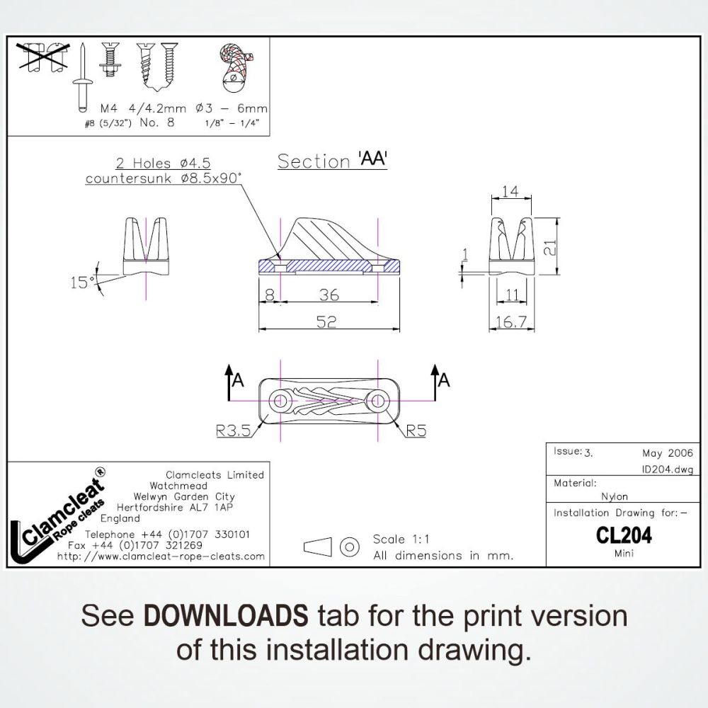 Clamcleat® Tauklemme CL204 Mini – Nylon Klemme für Tauwerk 3-6 mm