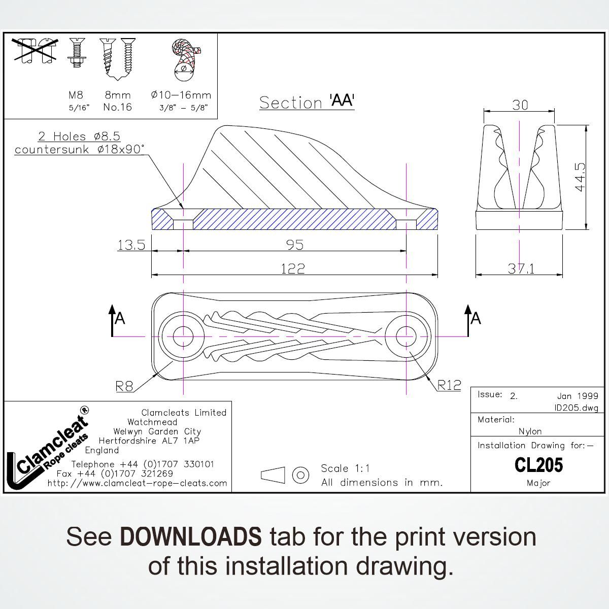 Clamcleat® CL205 Major Klemme 10-16 mm - Nylon Tauklemme