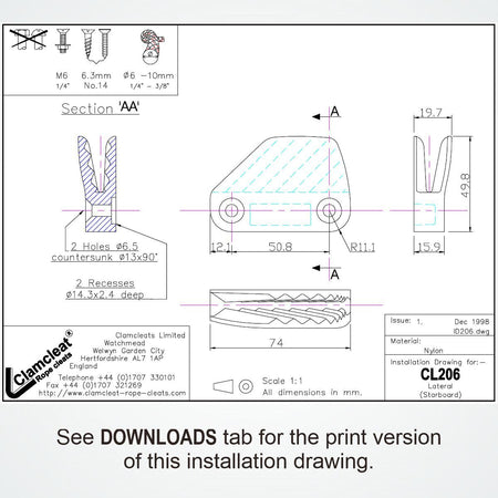 Clamcleat® CL206 Lateral Steuerbord 6-10 mm - Nylon Tauklemme