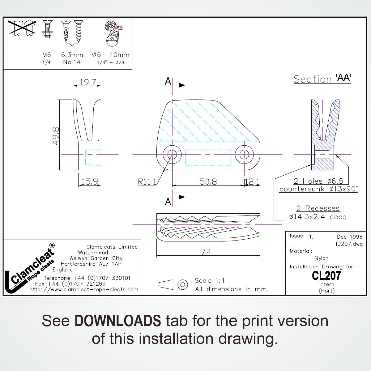 Clamcleat® CL207 Lateral Backbord 6-10 mm - Nylon Tauklemme