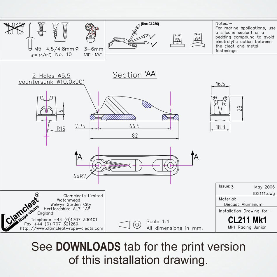 Clamcleat Racing Junior MK-1 CL211-I 3-6 mm – Aluminium Seilklemme silber