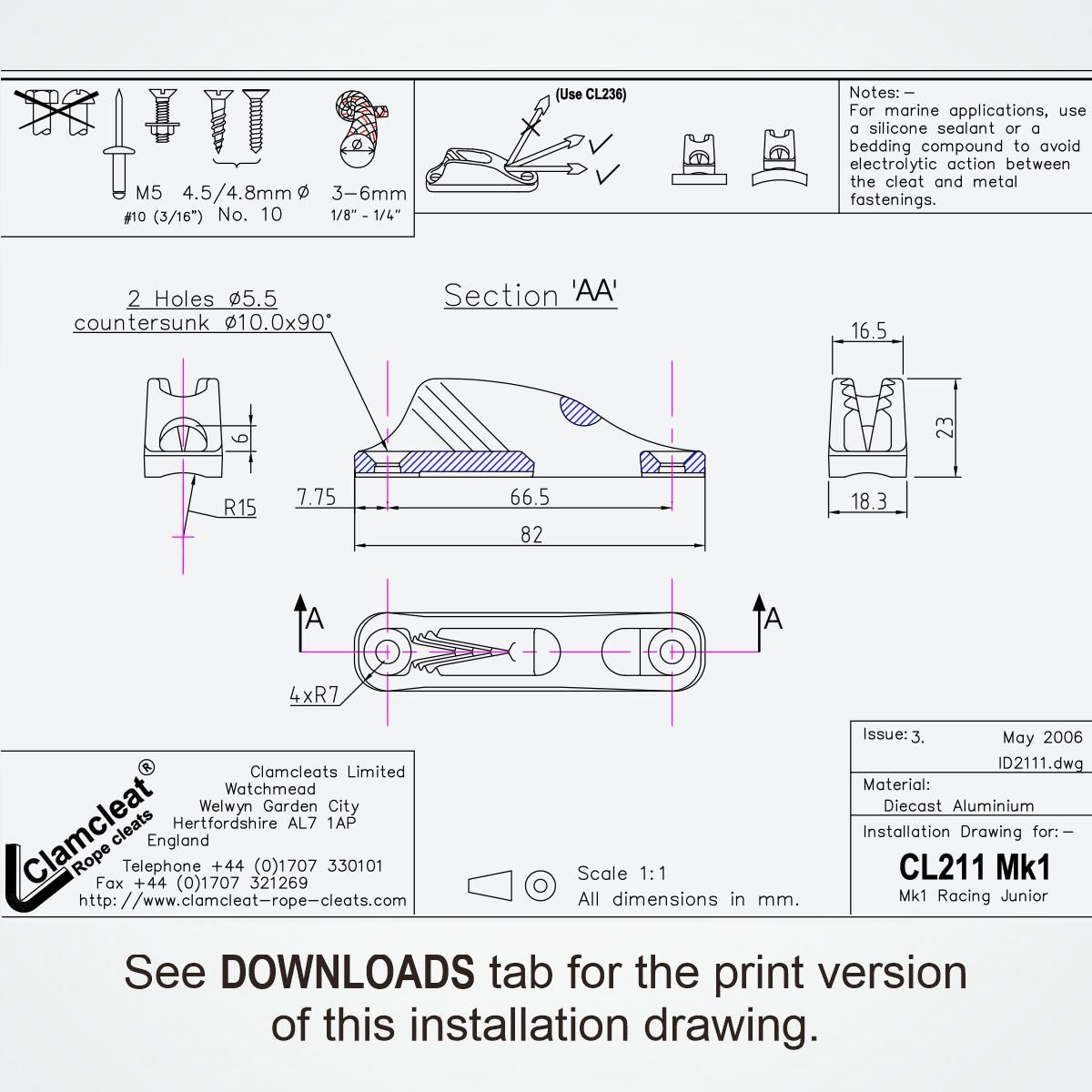 Clamcleat® Klemme Racing Junior MK-1 harteloxiert CL211MKI-AN Alu 3-6mm
