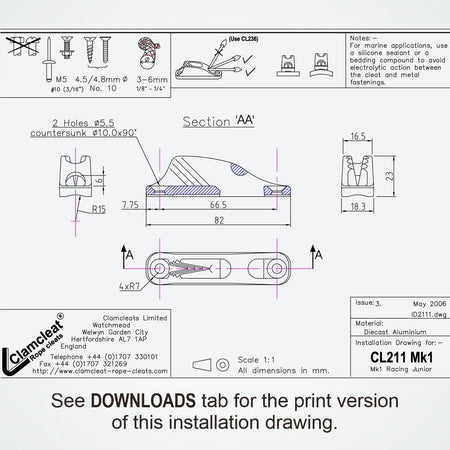 Clamcleat® Klemme Racing Junior MK-1 harteloxiert CL211MKI-AN Alu 3-6mm