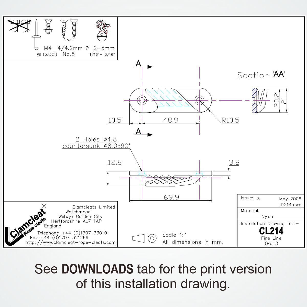 CLAMCLEAT CL214W Fine-Line Liekleinenklemme aus Nylon weiß - 1 Stück
