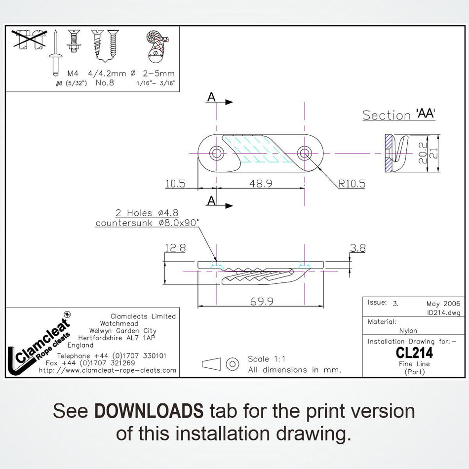 CLAMCLEAT CL214W Fine-Line Liekleinenklemme aus Nylon weiß - 1 Stück