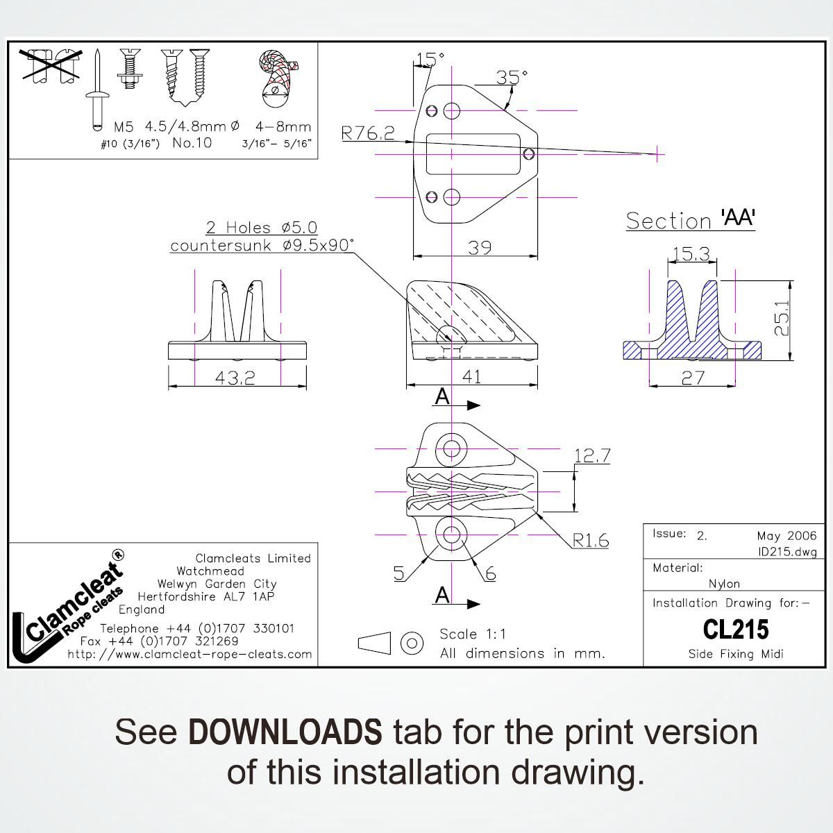 Clamcleat® CL215 Midi Seitenbefestigung 4-8 mm - Nylon Tauklemme