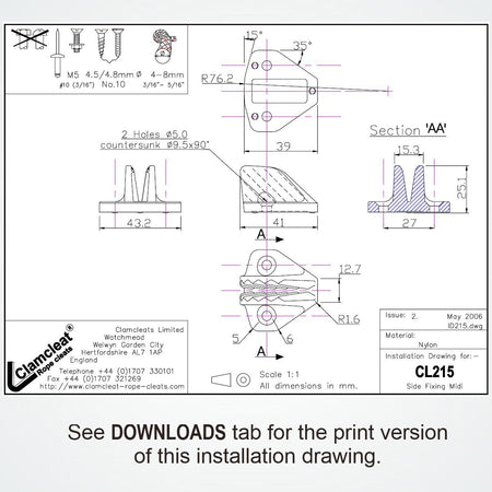 Clamcleat® CL215 Midi Seitenbefestigung 4-8 mm - Nylon Tauklemme