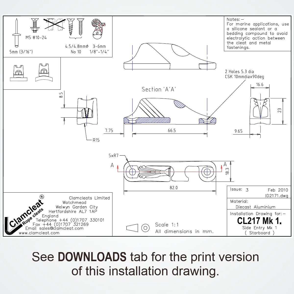 Clamcleat® CL217AN-I Klemme harteloxiert steuerbord Alu 3-6mm