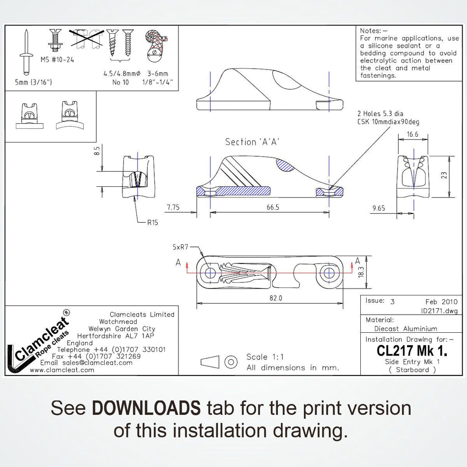 Clamcleat® CL217AN-I Klemme harteloxiert steuerbord Alu 3-6mm