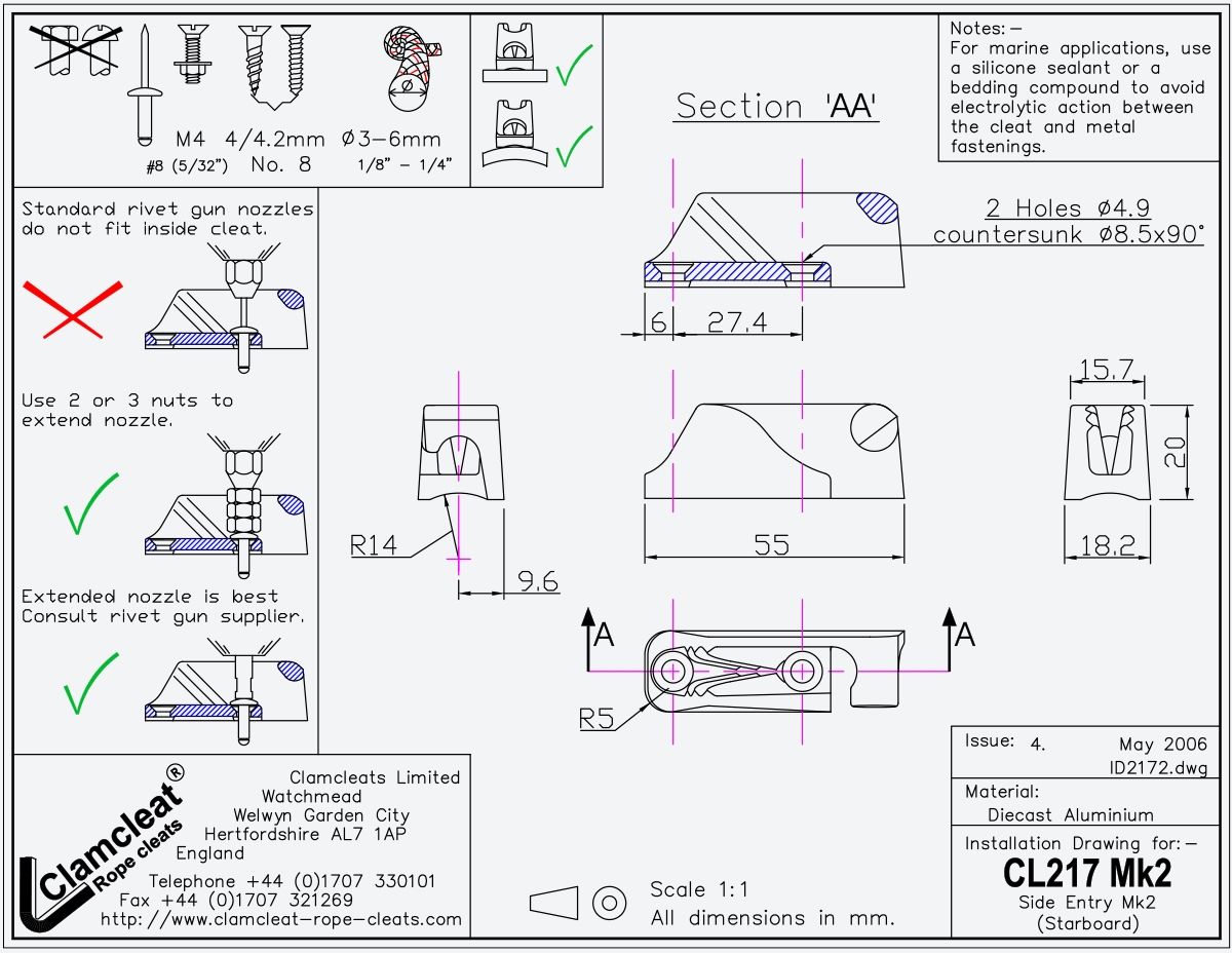 Clamcleat® CL217-II Steuerbord-Klemme 3-6 mm - Aluminium Racing Junior Mk2