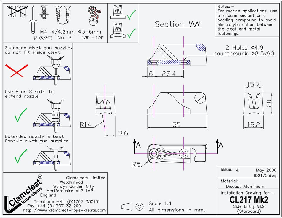 Clamcleat® CL217-II Steuerbord-Klemme 3-6 mm - Aluminium Racing Junior Mk2
