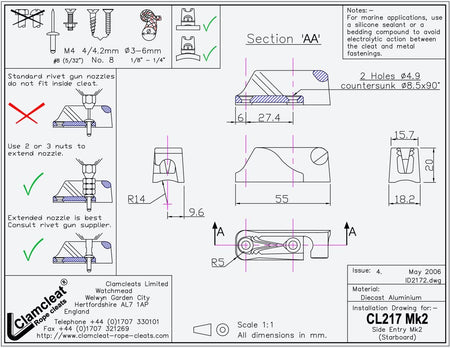 Clamcleat® CL217AN-II Steuerbord-Klemme 3-6 mm - Harteloxiertes Aluminium Racing Junior Mk2