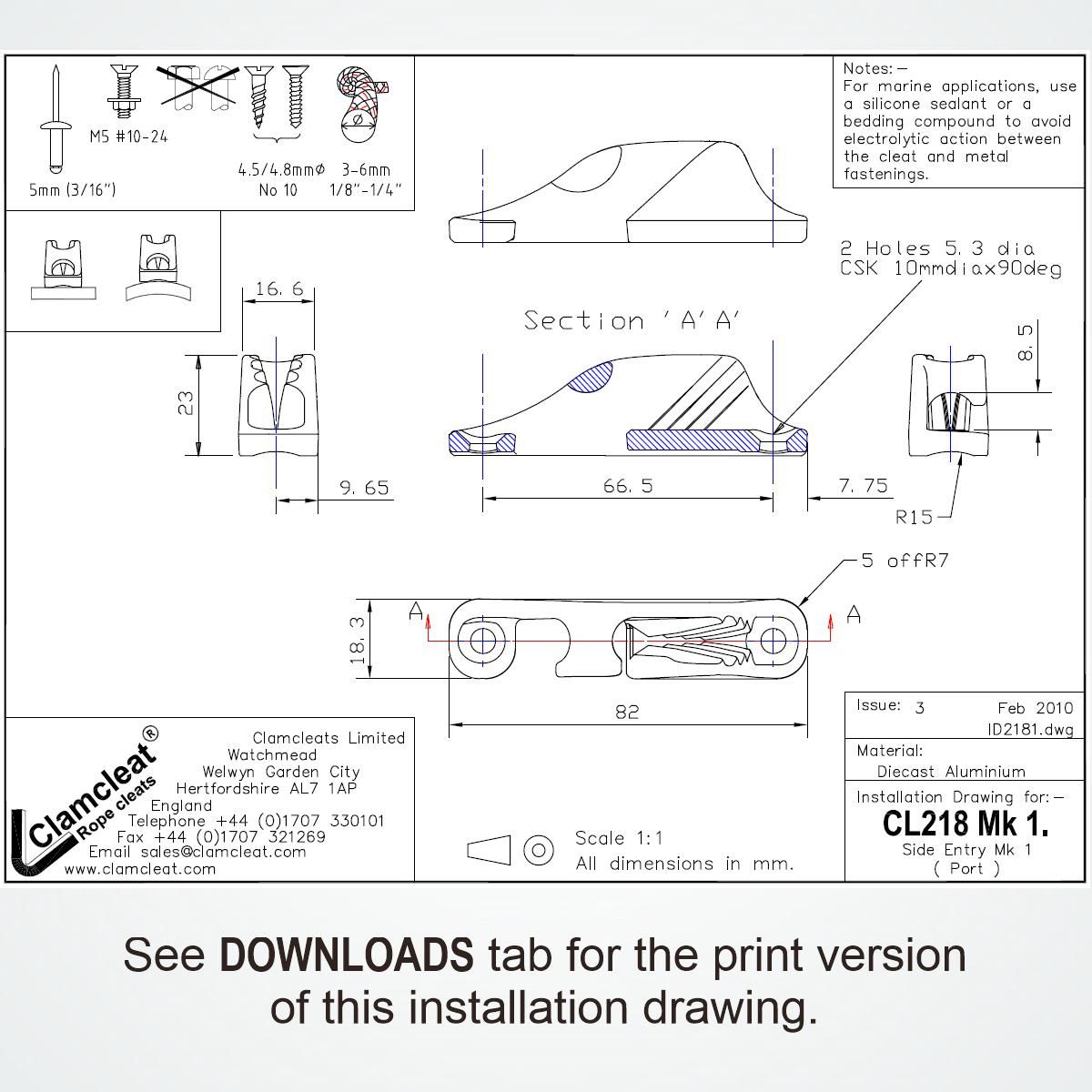 Clamcleat® CL218-I Backbord-Klemme 3-6 mm - Aluminium Racing Junior Mk1
