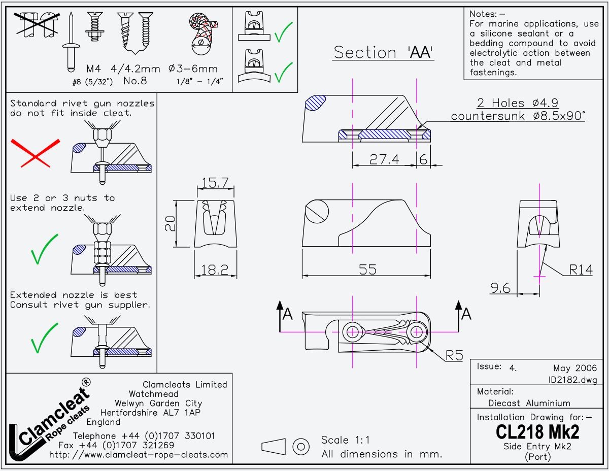 Clamcleat® CL218AN-II Backbord-Klemme 3-6 mm - Harteloxiertes Aluminium Racing Junior Mk2