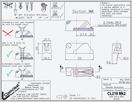 Clamcleat® CL218AN-II Backbord-Klemme 3-6 mm - Harteloxiertes Aluminium Racing Junior Mk2