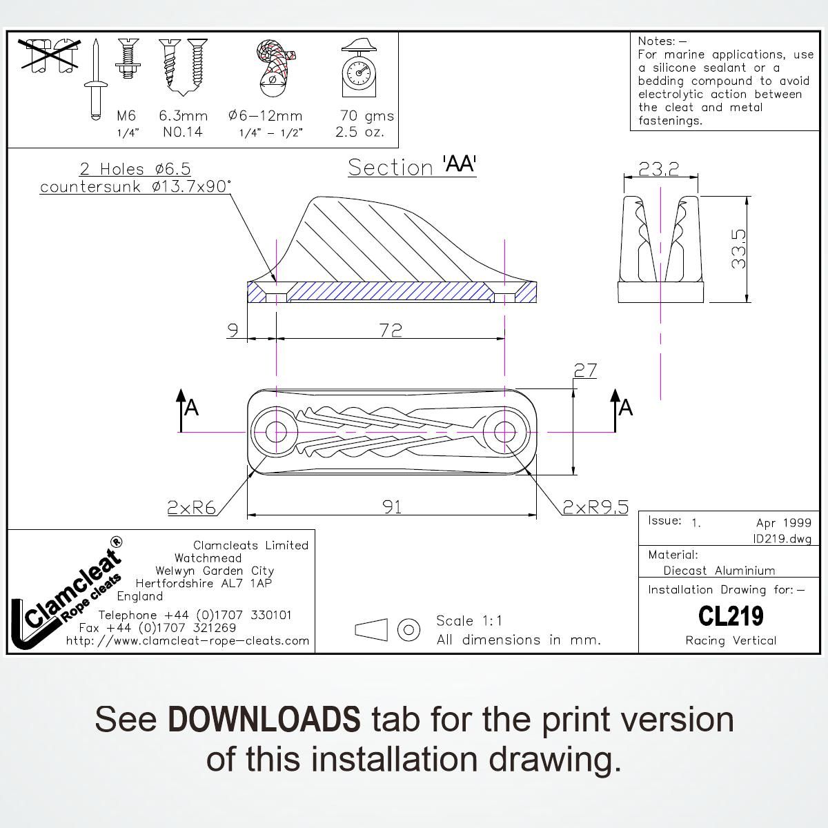 Clamcleat® CL219AN Racing Vertical 6-12 mm - Harteloxiertes Aluminium Tauklemme