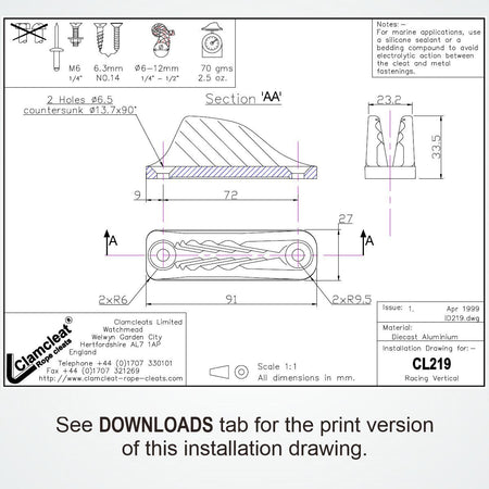 Clamcleat® CL219AN Racing Vertical 6-12 mm - Harteloxiertes Aluminium Tauklemme