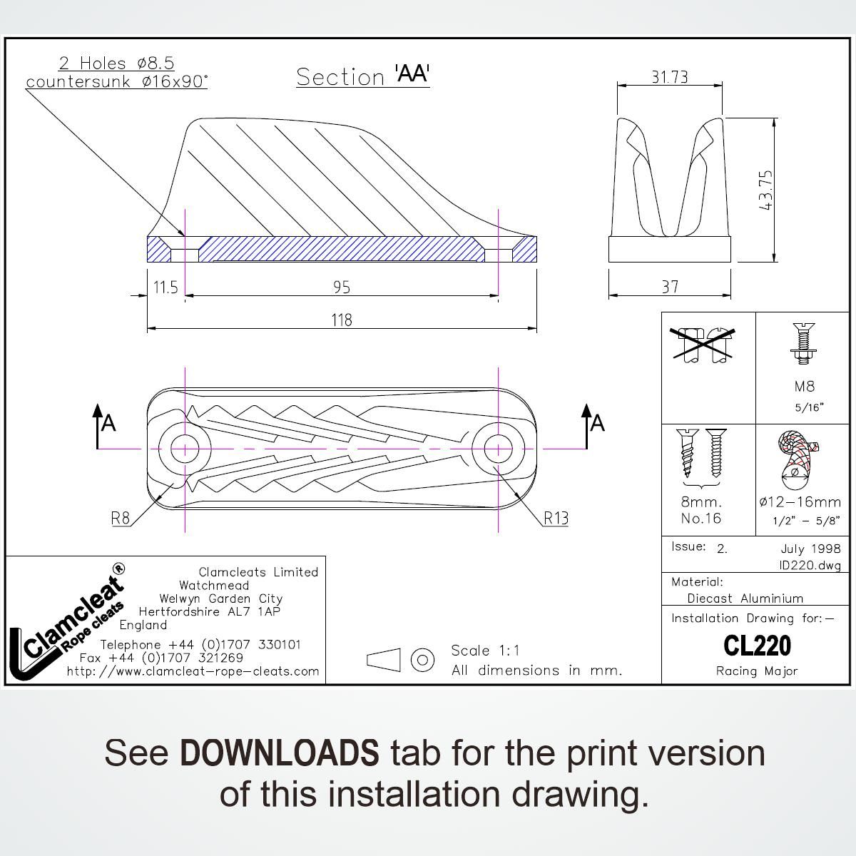 Clamcleat® CL220 Racing Major 12-16 mm - Aluminium Tauklemme