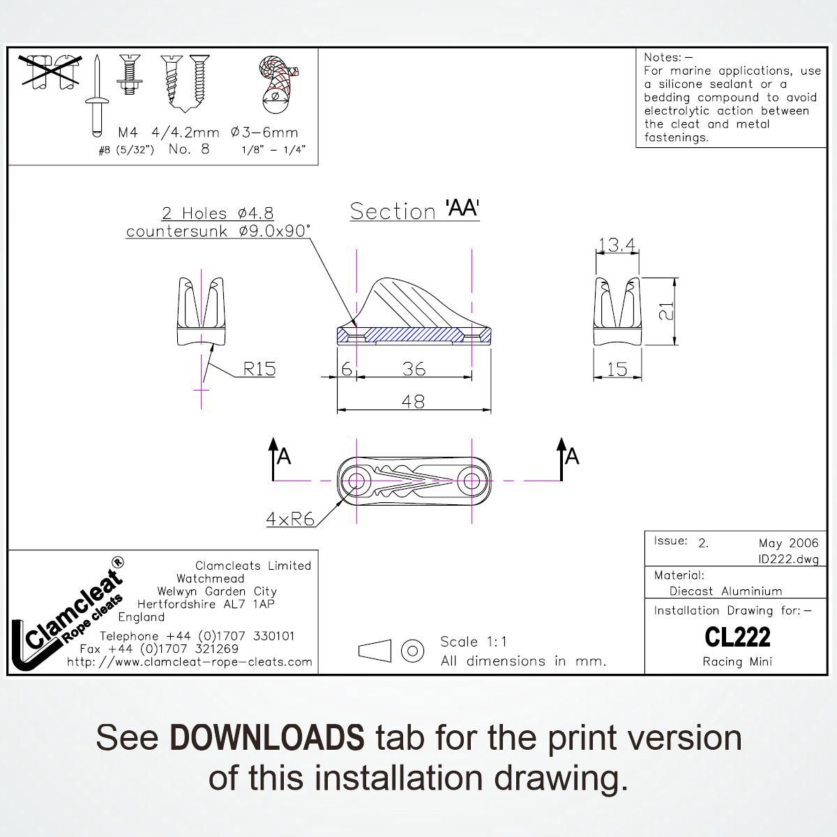 Clamcleat® CL222AN Racing Mini – Aluminium Seilklemme anodisiert für Tauwerk 3-6 mm