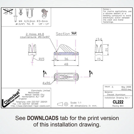 Clamcleat® CL222AN Racing Mini – Aluminium Seilklemme anodisiert für Tauwerk 3-6 mm
