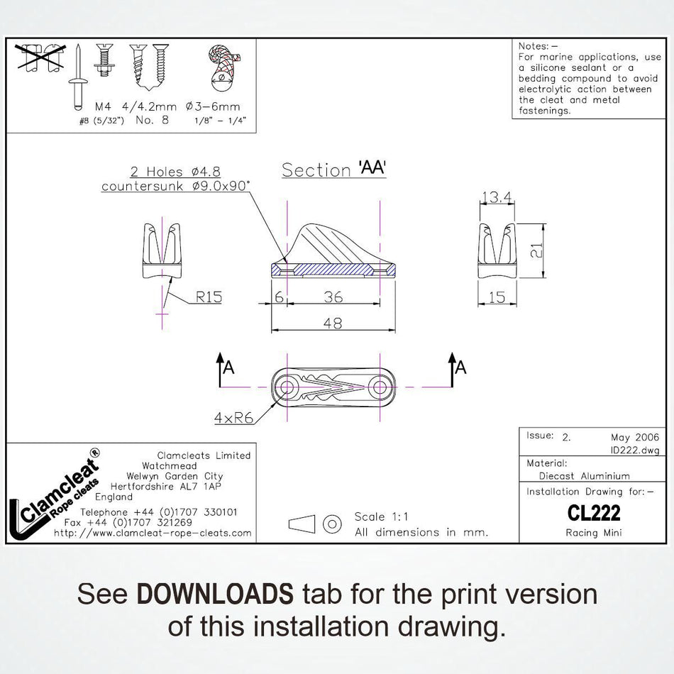 Clamcleat® CL222AN Racing Mini – Aluminium Seilklemme anodisiert für Tauwerk 3-6 mm