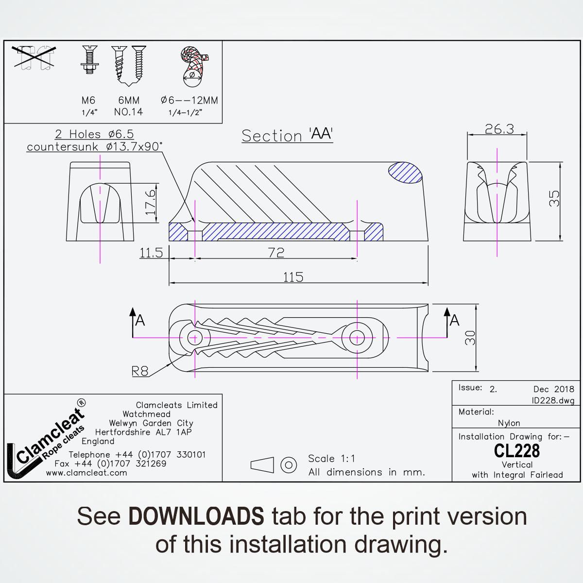 Clamcleat® CL228 Vertical mit Führungsauge 6-12 mm - Nylon Tauklemme