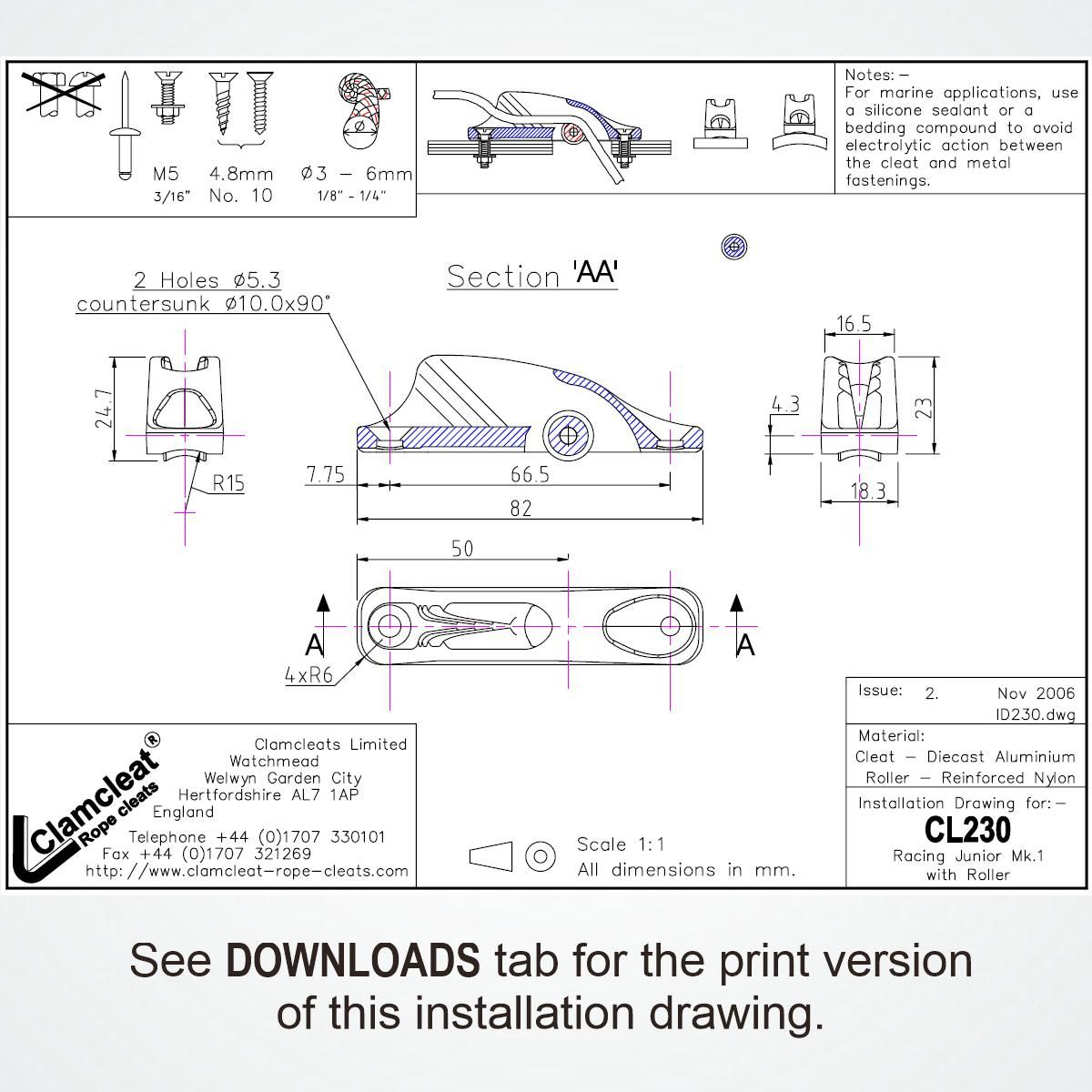 Clamcleat® CL230AN Unterrolle 3-6 mm - Harteloxiertes Aluminium Tauklemme