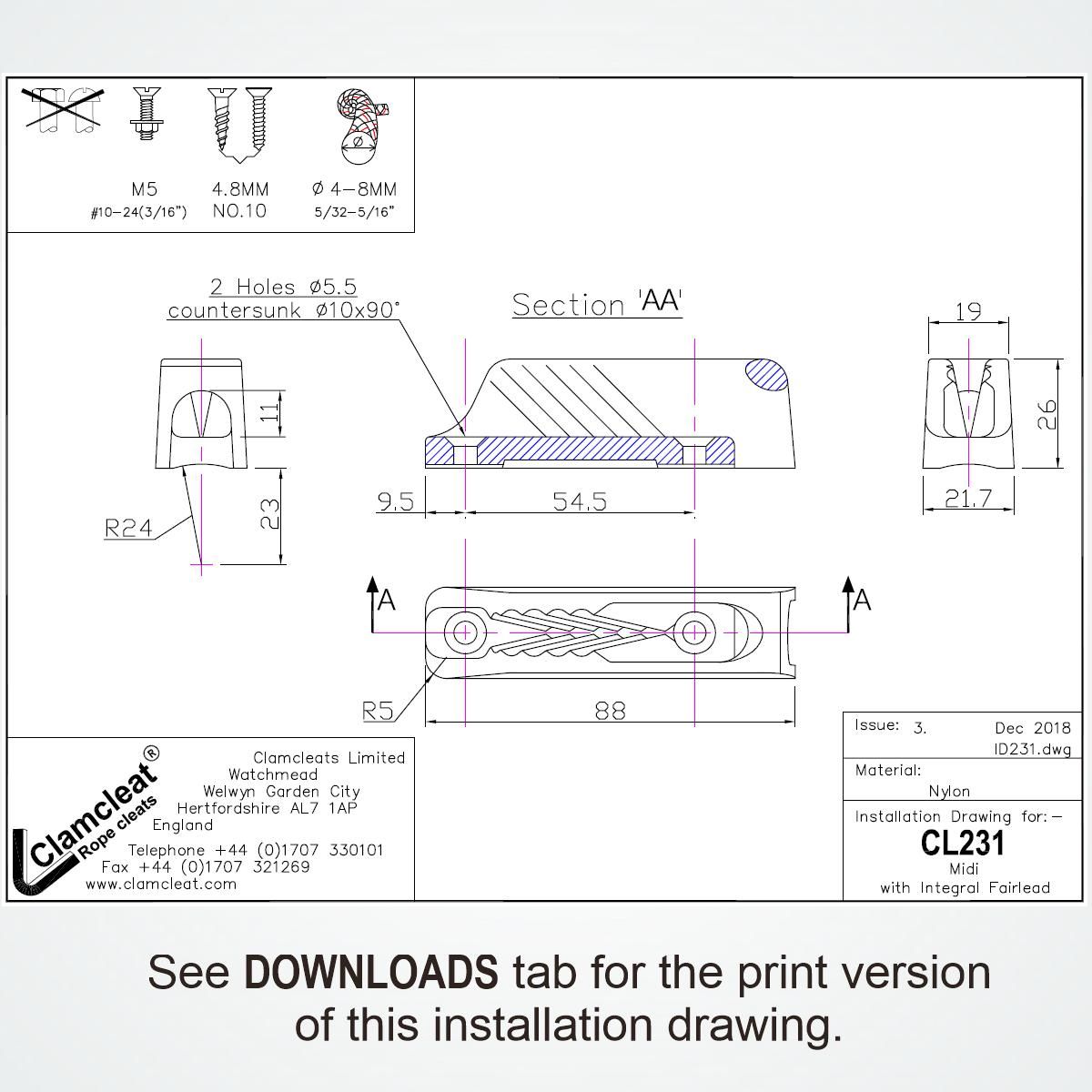 Clamcleat® CL231 Midi mit Leitöse 4-8 mm - Nylon Tauklemme