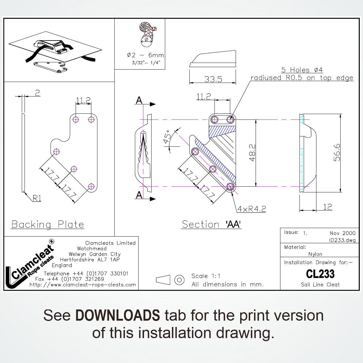 CLAMCLEAT CL233 Aero-Klemme aus Nylon - 1 Stück