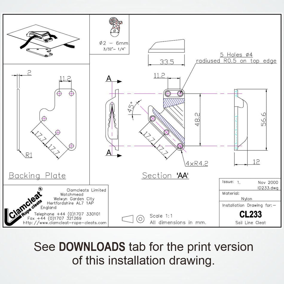 CLAMCLEAT CL233 Aero-Klemme aus Nylon - 1 Stück