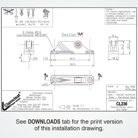 Clamcleat® CL236AN Oberrolle 3-6 mm - Harteloxiertes Aluminium Tauklemme