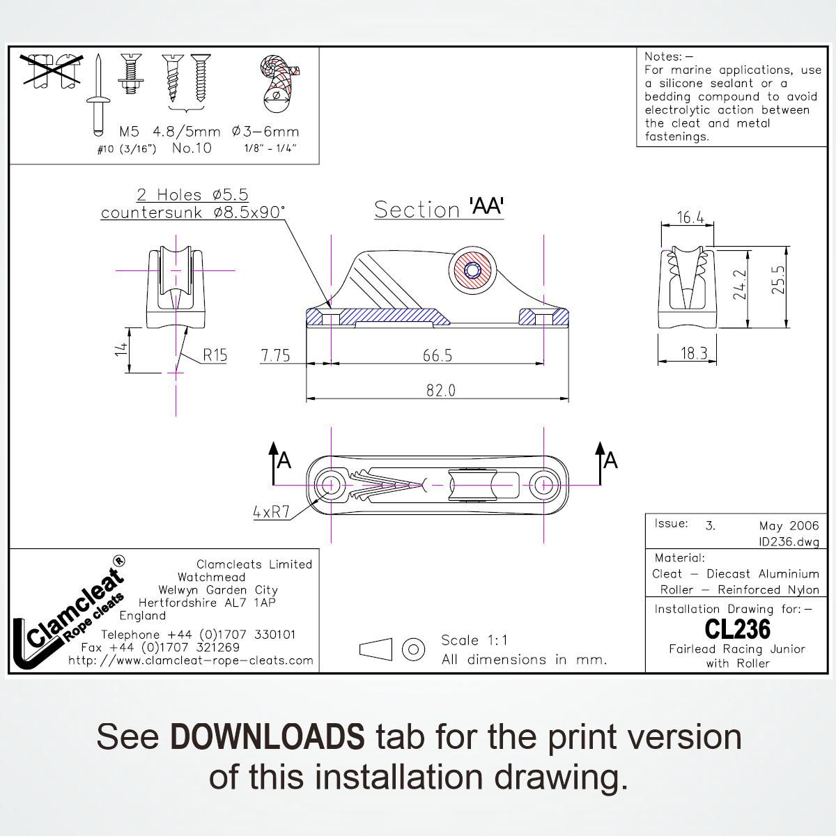 Clamcleat® CL236CS Oberrolle 3-6 mm - Verchromtes Aluminium Tauklemme