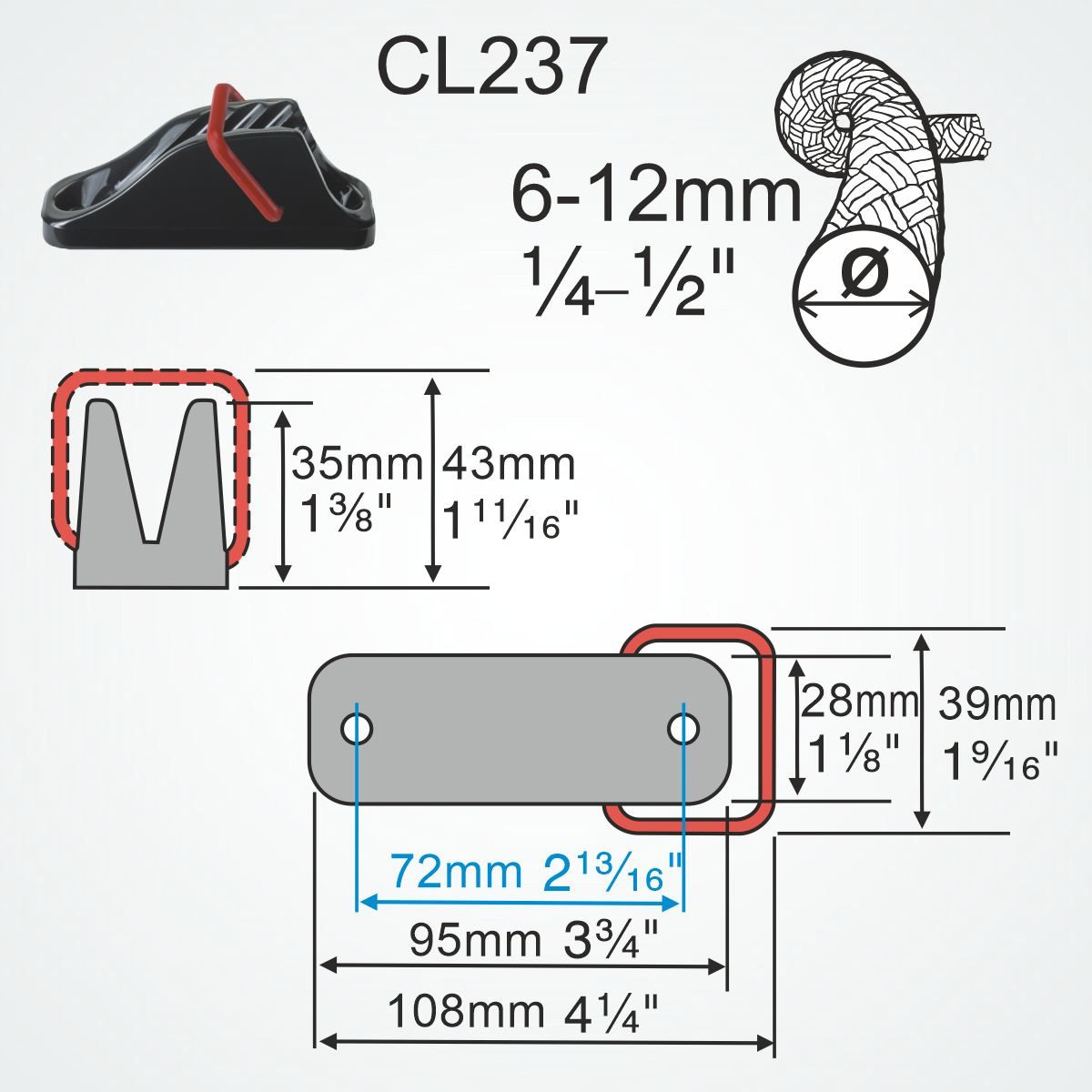 Clamcleat® CL237-SB Vertical mit Sicherheitsbügel 6-12 mm - Nylon Tauklemme