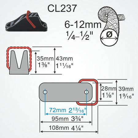 Clamcleat® CL237-SB Vertical mit Sicherheitsbügel 6-12 mm - Nylon Tauklemme