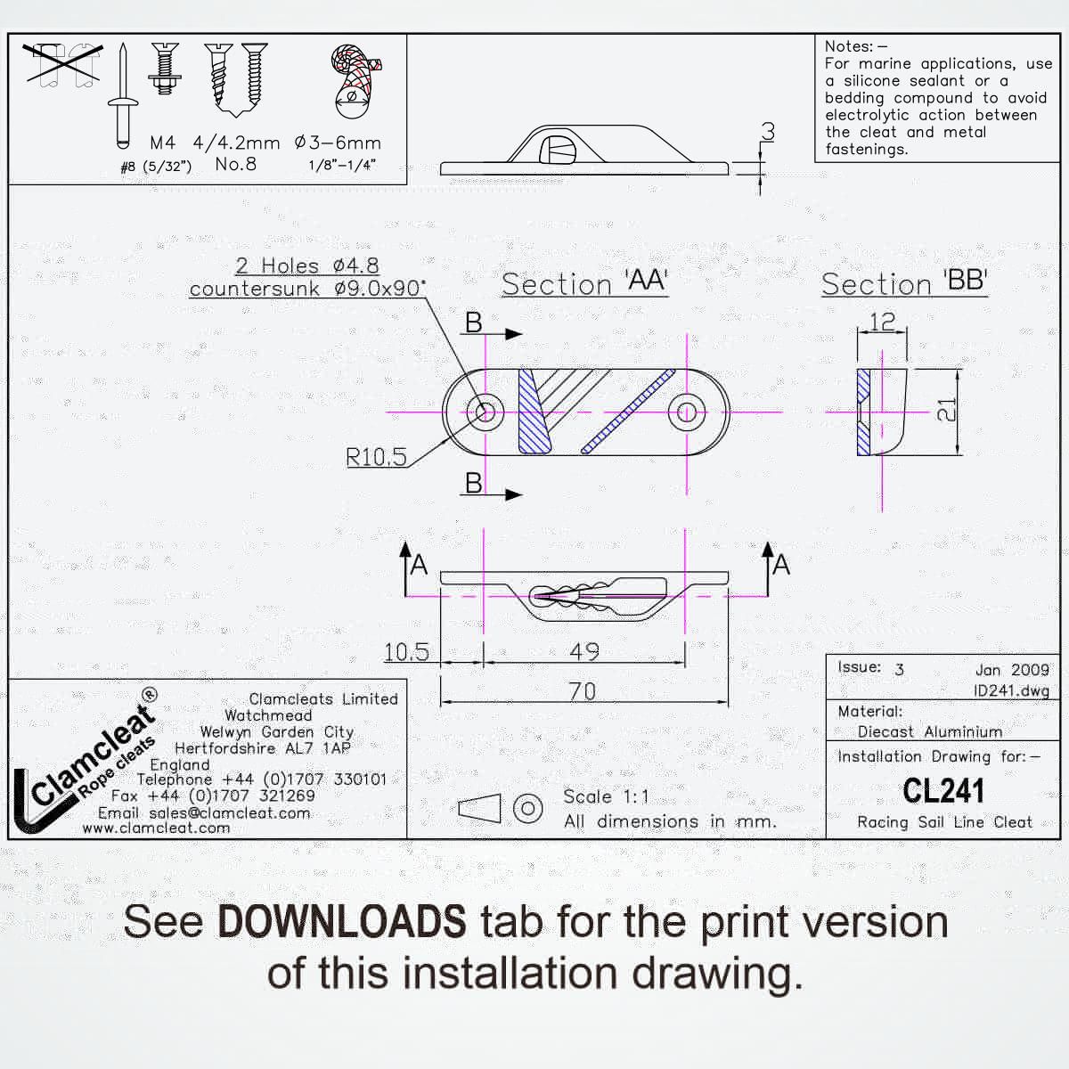 CLAMCLEAT CL241 Racing Sail-Line Liekleinenklemme Backbord Alu - 1 Stück