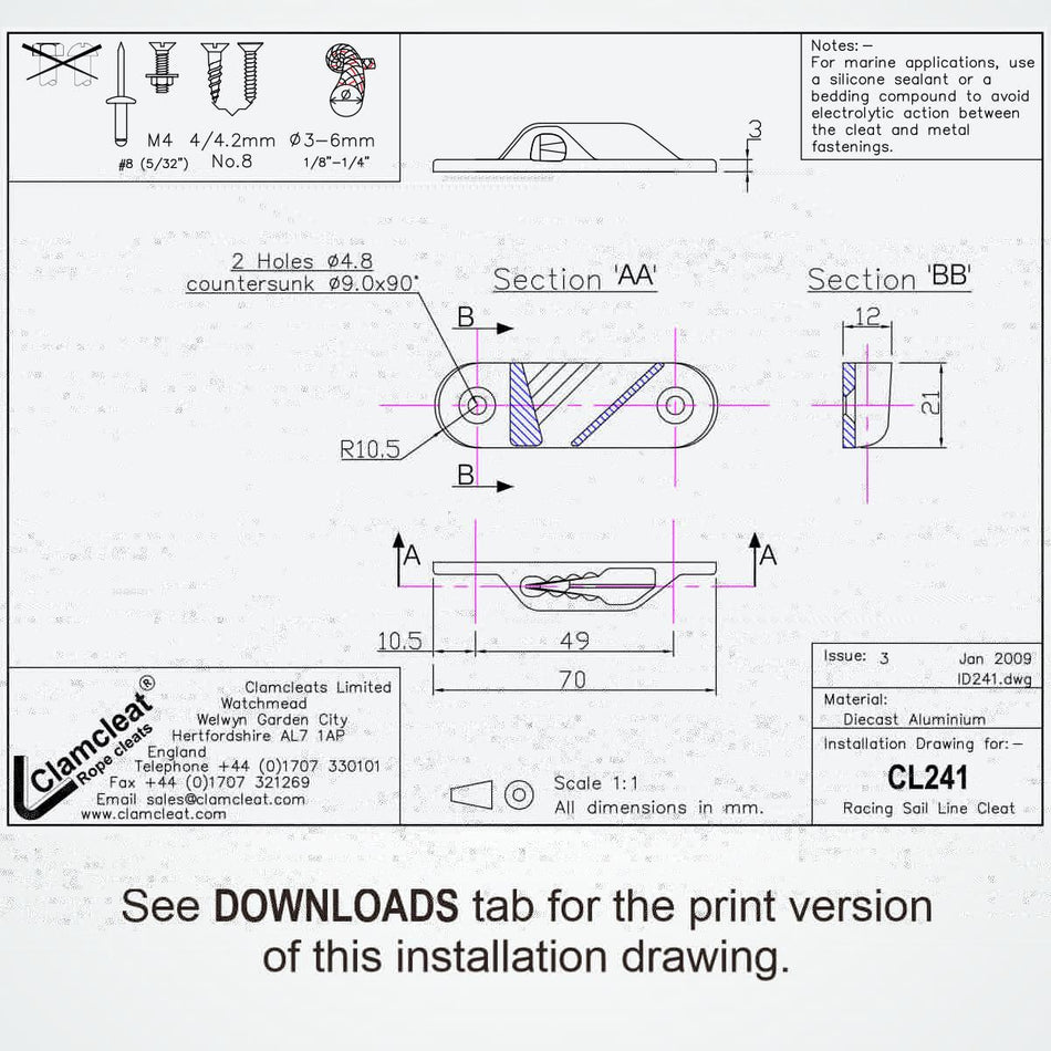 CLAMCLEAT CL241 Racing Sail-Line Liekleinenklemme Backbord Alu - 1 Stück