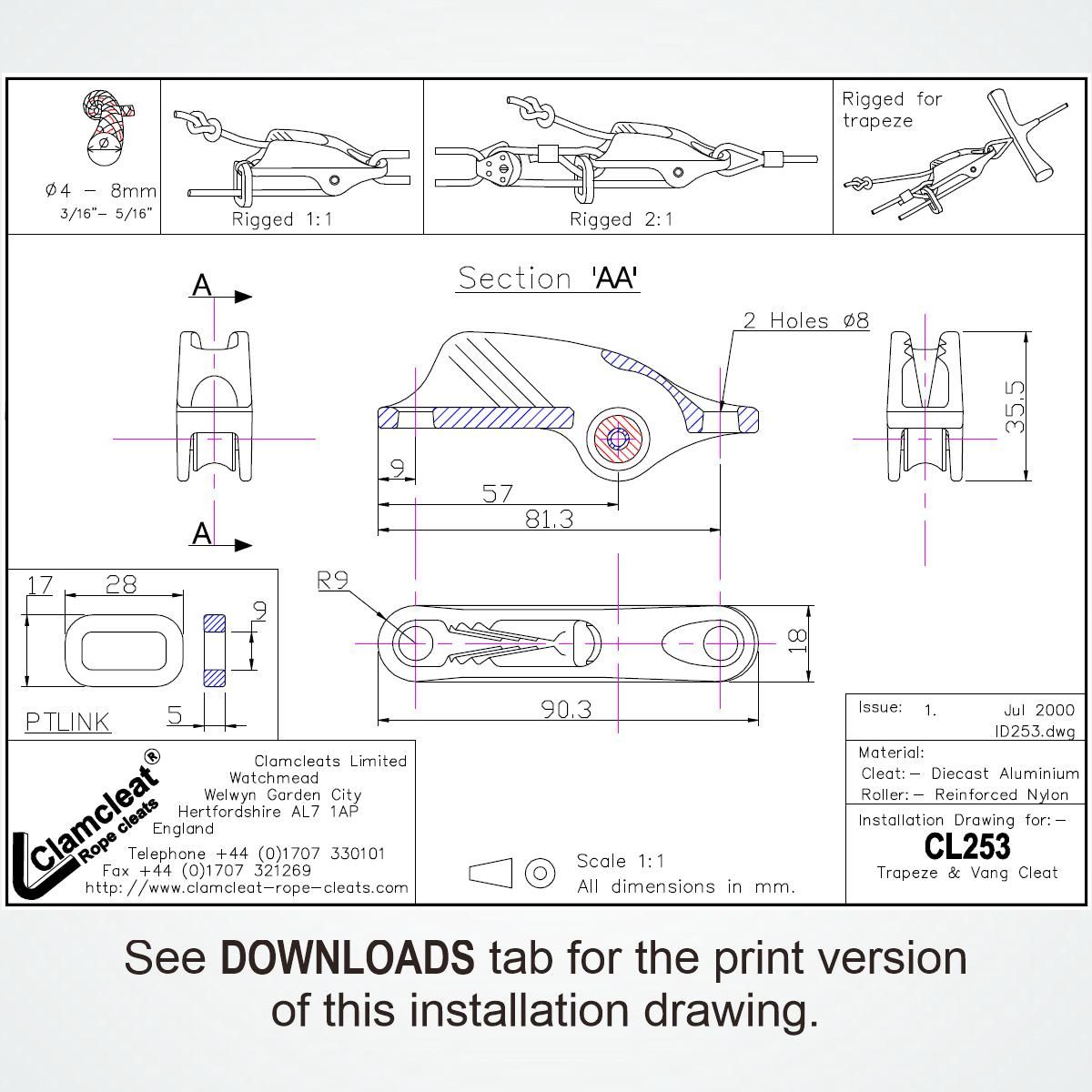 CL253AN Trapez- und Niederholer harteloxiert Aluminium 4-8mm