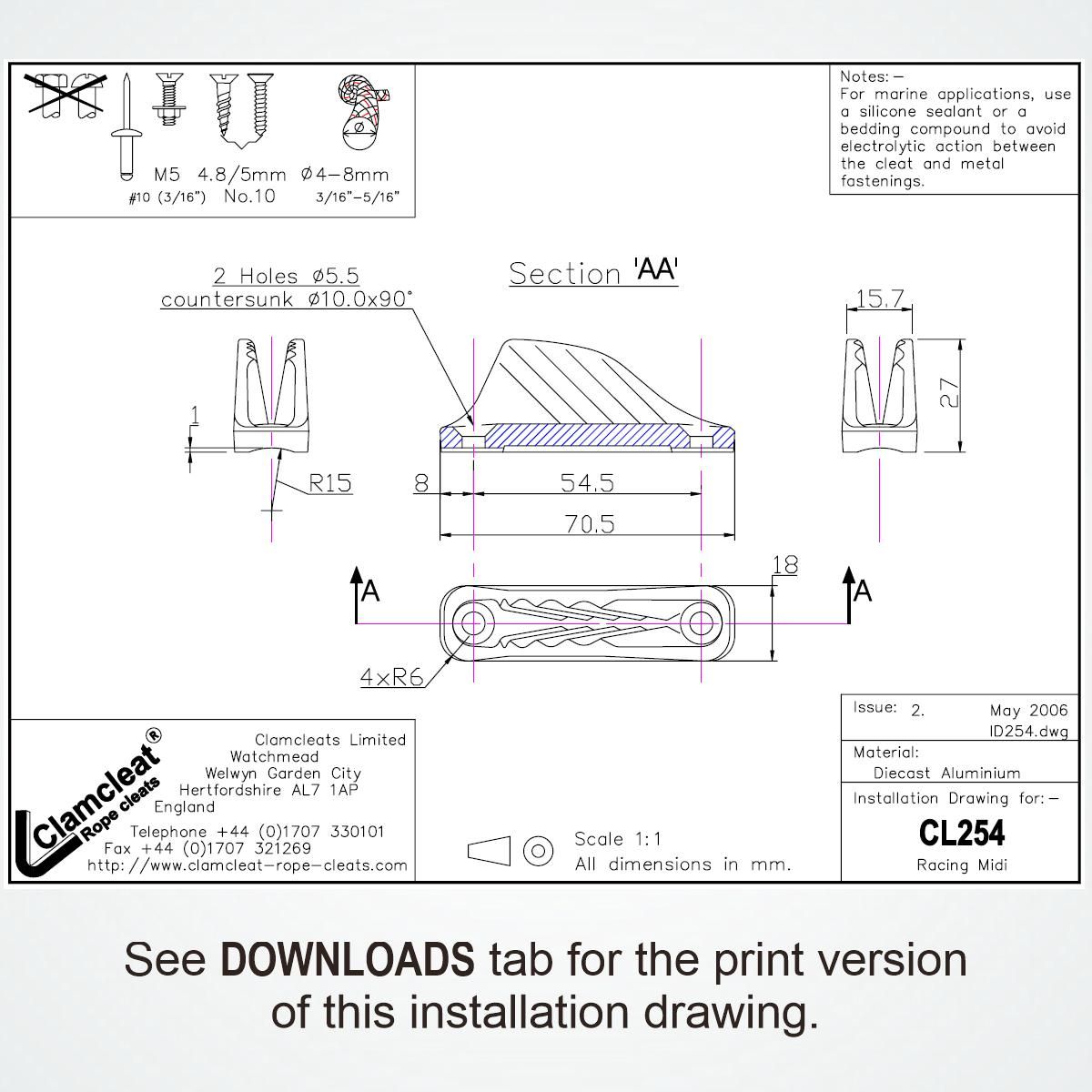 Clamcleat® CL254 Racing Midi 4-8 mm - Aluminium Tauklemme Silber