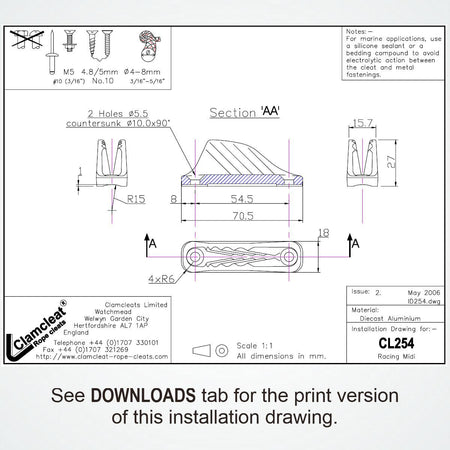 Clamcleat® CL254 Racing Midi 4-8 mm - Aluminium Tauklemme Silber