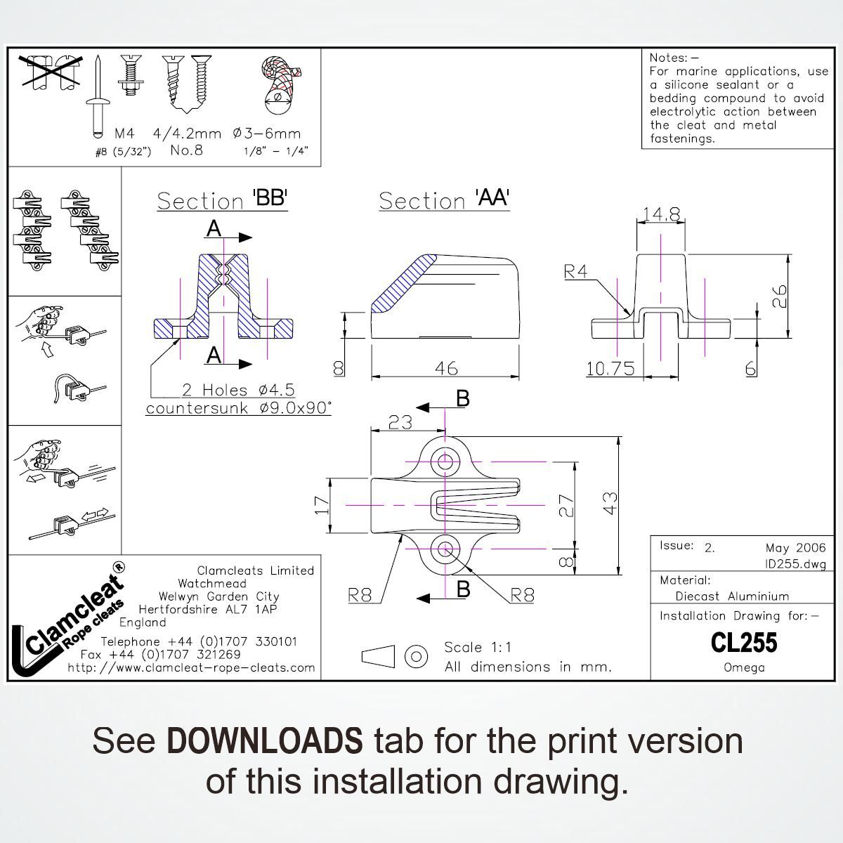 Clamcleat® CL255AN Omega Klemme harteloxiert Alu 3-6mm