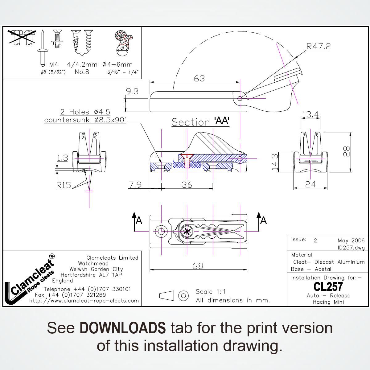 CL257 Auto-Release Tauklemme Clamcleat Alu 4-6mm