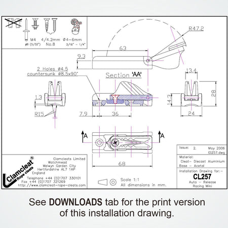 CL257 Auto-Release Tauklemme Clamcleat Alu 4-6mm