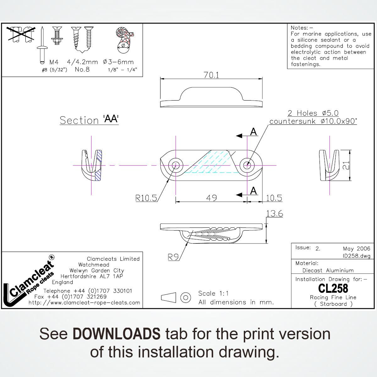 CLAMCLEAT CL258 Racing Fine Line Liekleinenklemme Steuerbord Alu - 1 Stück