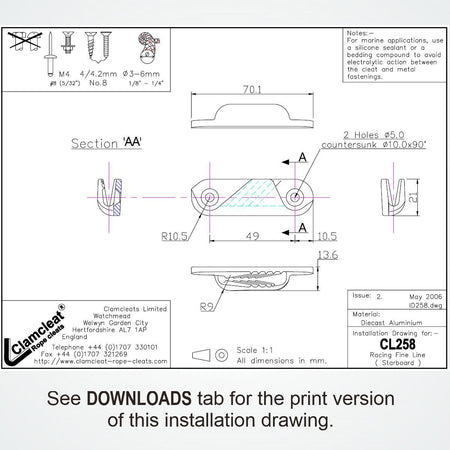 CLAMCLEAT CL258 Racing Fine Line Liekleinenklemme Steuerbord Alu - 1 Stück