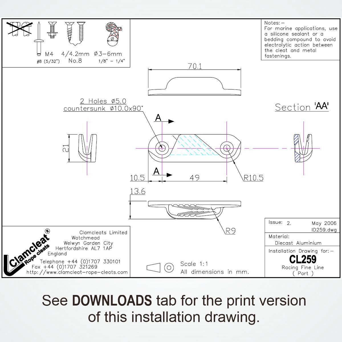 CLAMCLEAT CL259 Racing Fine Line Liekleinenklemme Backbord Alu - 1 Stück