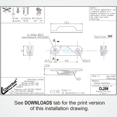 CLAMCLEAT CL259 Racing Fine Line Liekleinenklemme Backbord Alu - 1 Stück