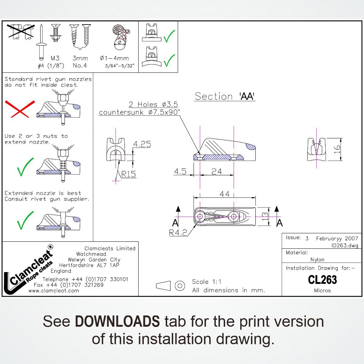 Clamcleat® CL263 Micros – Nylon Klemme mit Leitöse für Tauwerk 1-4 mm